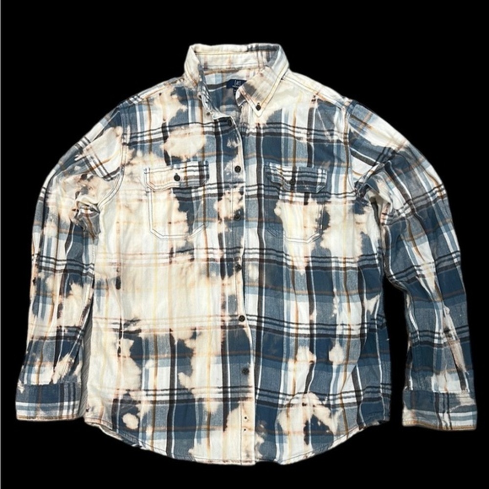 Bleached Plaid Flannel Upcycled Button Down Shirt Fall Concert Women’s Large